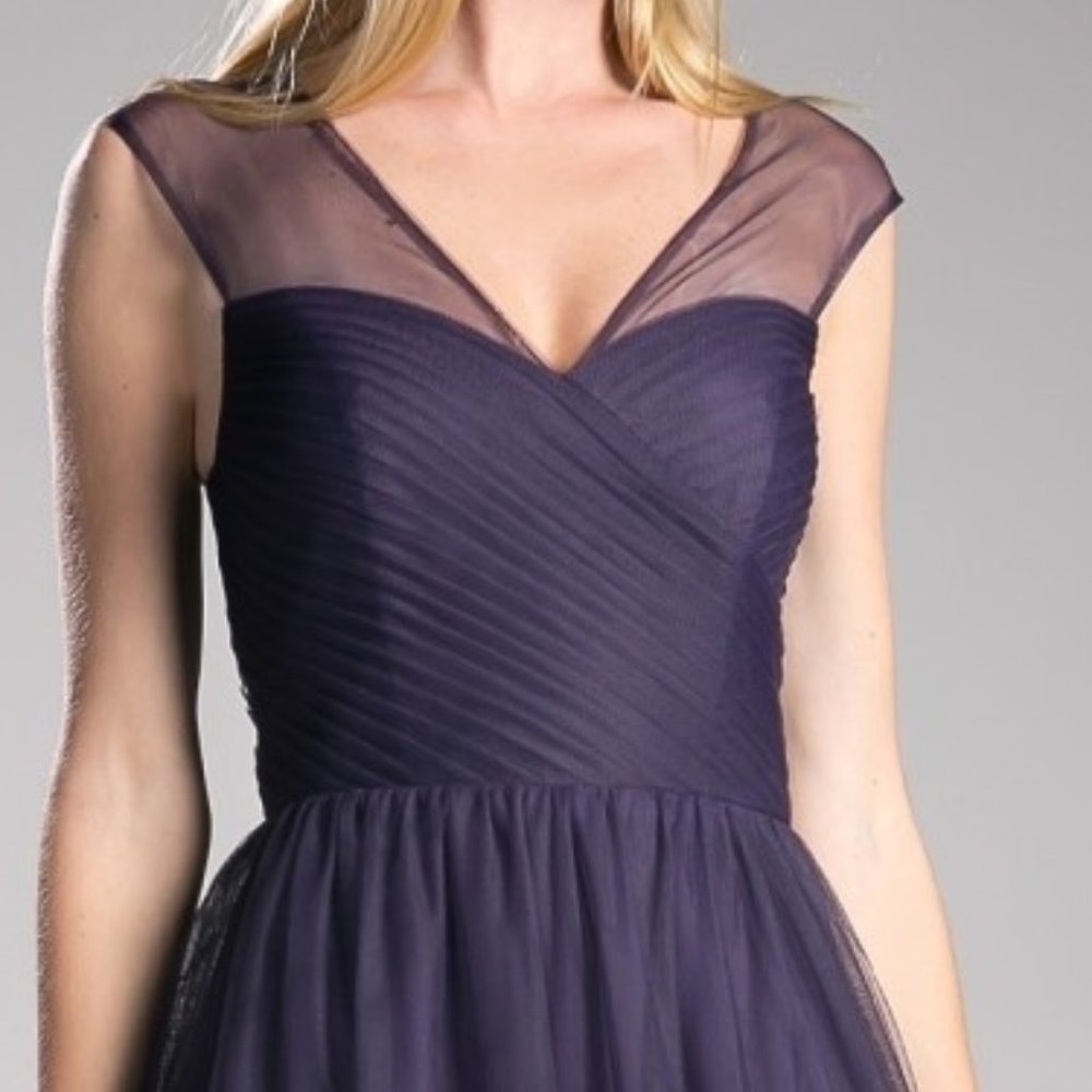 NEW EGGPLANT LONG TULLE SLEEVELESS DRESS WITH V-NECKLINE AND A-SILHOUETTE ET320 - Picture 5 of 7